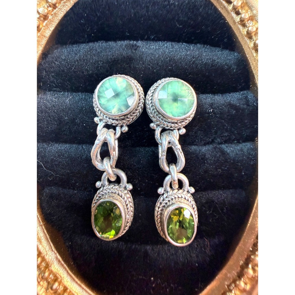 SARDA 925 Sterling Silver Peridot Chalcedony Double Drop Earrings Boho Bali